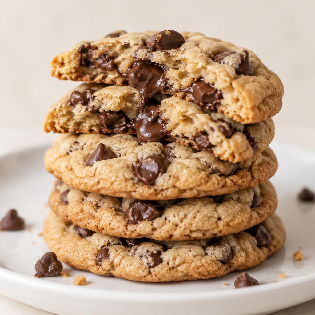 Stack of chocolate chip cookies with melty chocolate