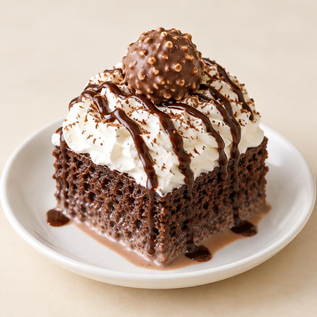 Mini chocolate tres leches with chocolate drizzle and Ferrero Rocher