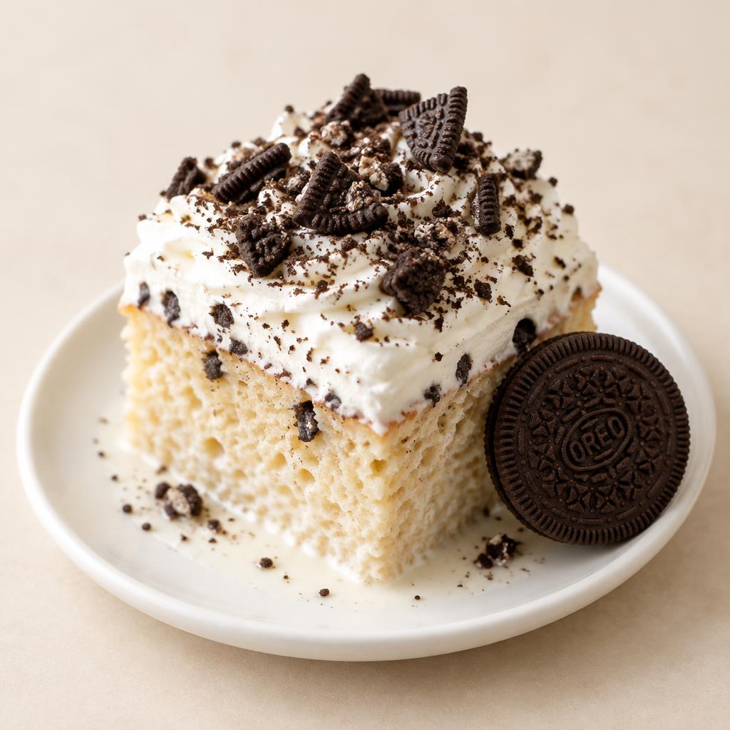 Mini Oreo tres leches topped with whipped cream and crushed Oreos